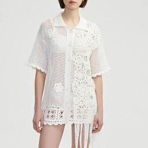 Women's White Crochet Button Down Shirt